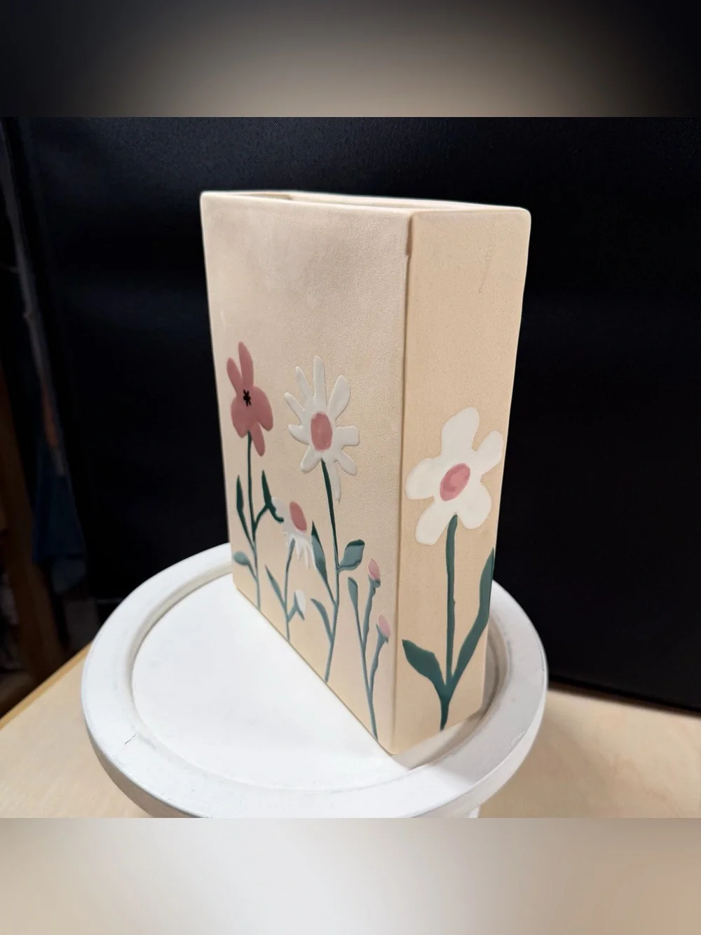 Ceramic Book Vase With Hand Painted Daisy, Cream With Pink & White Flowers